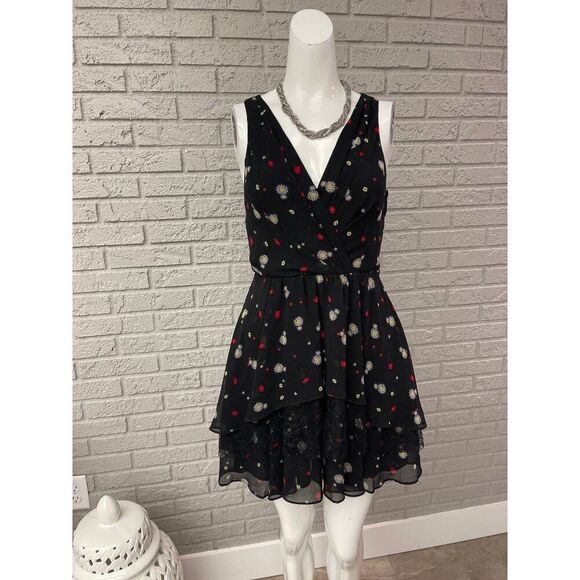 BCBGeneration Women Black Daisy Print Ruffle Layered Mini Halter Dress Size 4 NW - Picture 2 of 12